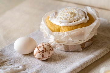 Traditional easter cake and decorated easter eggs