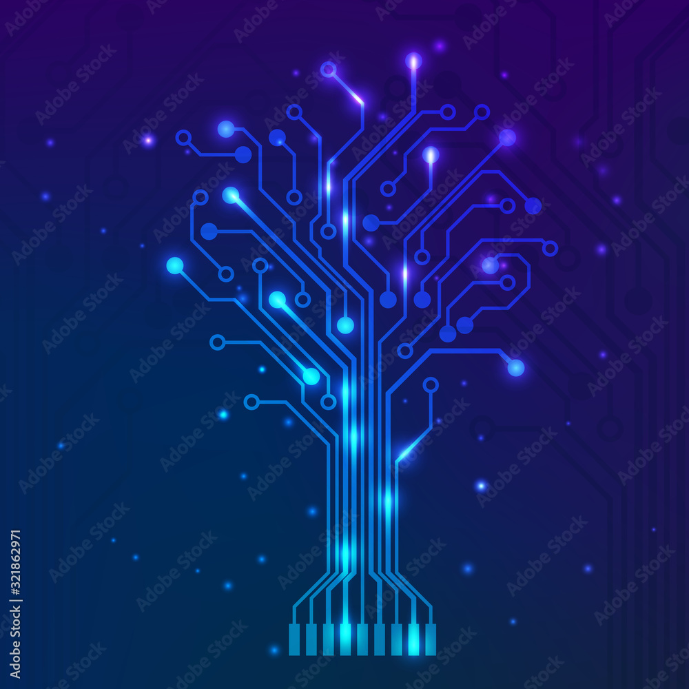 Wall mural Circuit tree on blue background. Science and technology concept. Computer motherboard system. Vector