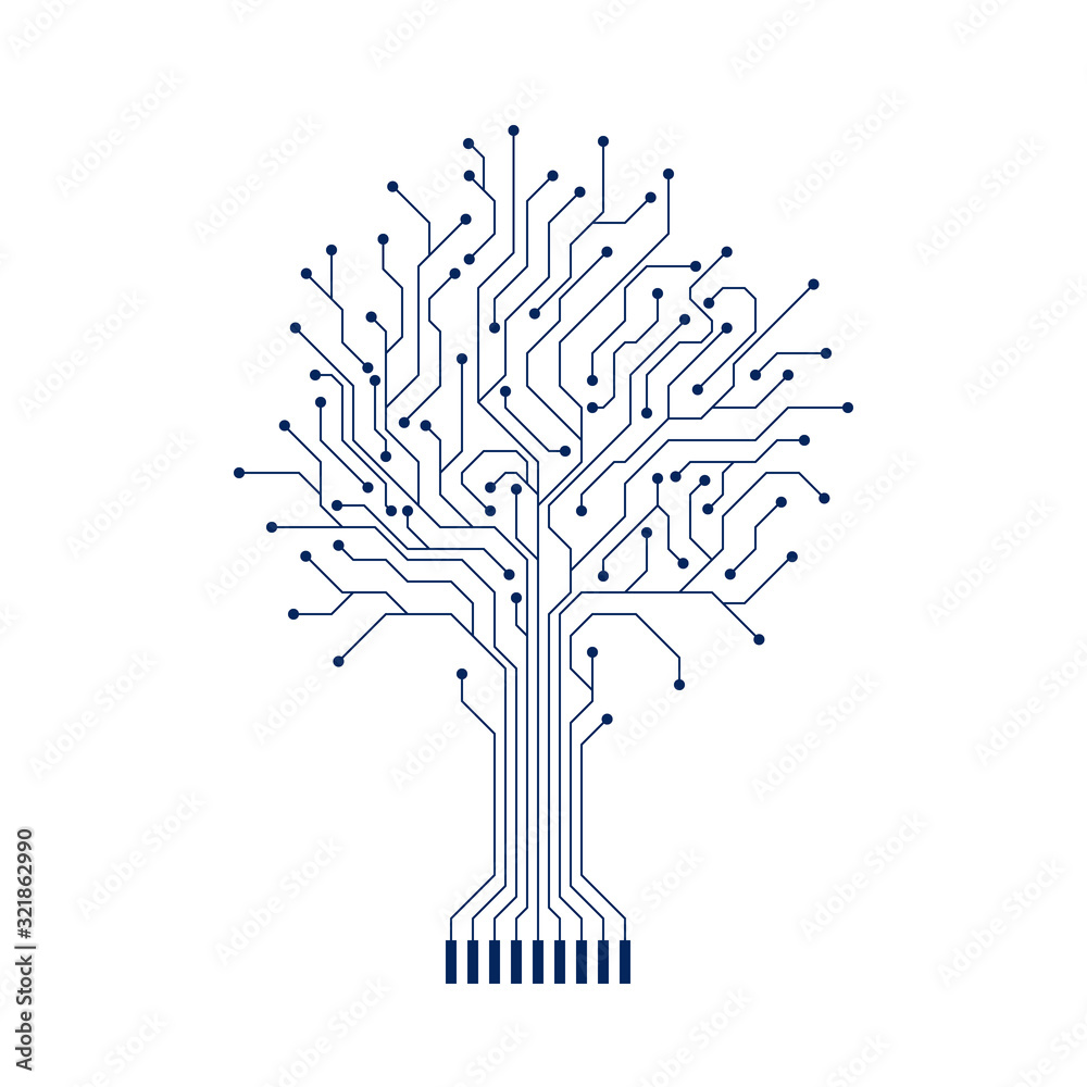 Poster Abstract Circuit Tree Silhouette. Computer engineering hardware system. Technology design element. Vector