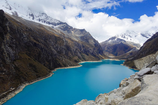 Paron lagoon, at Huascaran National Park, Peru. A green lake in the Cordillera Blanca on the Peruvian Andes