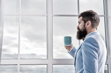 His big day. Wedding morning concept. Wedding day. Groom bearded hipster man wear blue tuxedo and...