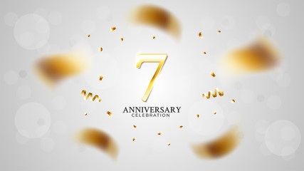 7th anniversary celebration with gold color and white background bokeh effects and sparkling confetti. modern elegant design can be used for a wedding or company. editable vector EPS 10