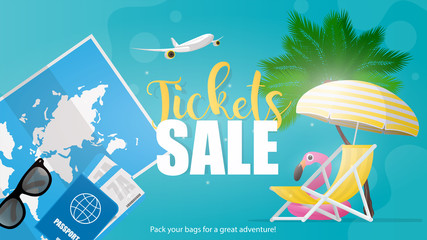 Ticket sale poster. Deck chair and sun umbrella with yellow stripes, palm trees and pink flamingos swimming circle, world map, sun glasses, passport, airline tickets, airplane. Vector