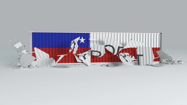 Chile container with the flag falls on top of a container labeled EXPORT and breaks it