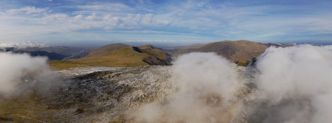Welsh mountains winter landscape panoramic in Snowdonia