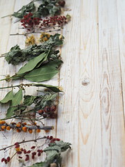 The concept of using medicinal dried herbs. Wooden white background with different medicinal herbs. Phytotherapy with herbs and flowers.