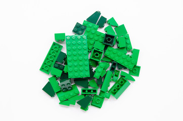 Top view of Pile of Green Bricks Blocks isolated on white background