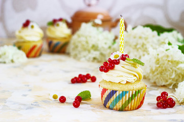 Gentle, festive cupcake with cream and berries nd a candle a light background