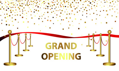 Grand opening. Golden confetti and red silk ribbon on a black background. Inauguration banner opening celebration.