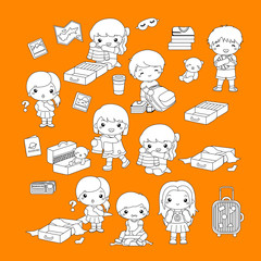 kids ready to pack the bag for holiday black and white