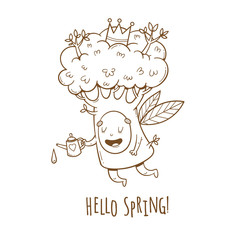 Spring card with a cute cartoon tree. The plant fairy flies and welcomes the new season. Vector contour image no fill.
