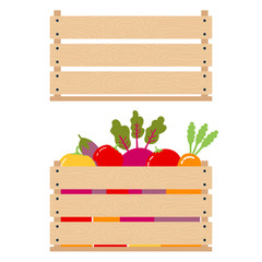 Concept of harvest. Vector illustration of comparing an empty wooden box with a full box of vegetables. Isolated object of fresh, natural foods. Organic products to buy in a supermarket. Diet and