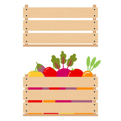 Concept of harvest. Vector illustration of comparing an empty wooden box with a full box of vegetables. Isolated object of fresh, natural foods. Organic products to buy in a supermarket. Diet and