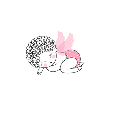 recommend clip art: Cute baby angel cartoon illustration isolated on white. Linear drawing of little child with pink cupid wings. Simple monoline sleeping kid vector clip-art. Baby shower nursery design.