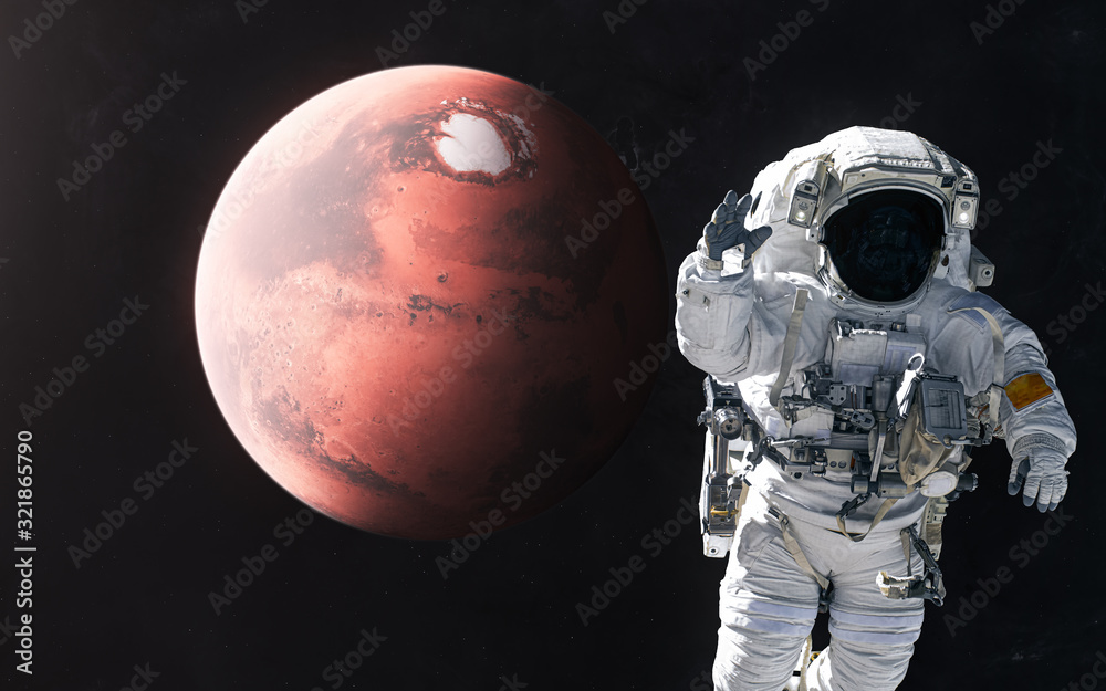 Wall mural astronaut on the background of mars. solar system. 3d render. science fiction. elements of this imag