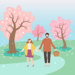 Naklejka na ściany i meble Park landscape with cherry blossom and walking couple.