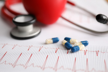 Cardiogram prescribing and doctor visits clinic. Prescription of drugs based on cardiogram and medical examination. With stethoscope and capsule with medicine lie on form with cardiogram.
