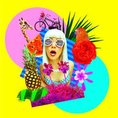 Contemporary art collage.  Vacation beach Girl. Summer tropical mood