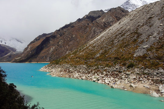 Paron lagoon, at Huascaran National Park, Peru. A green lake in the Cordillera Blanca on the Peruvian Andes