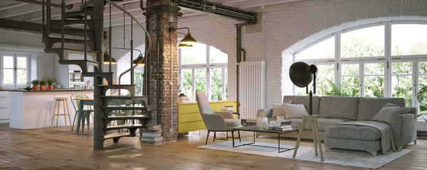 luxury vintage industrial loft apartment interior