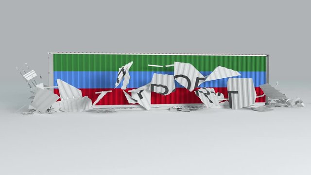 Dagestan container with the flag falls on top of a container labeled EXPORT and breaks it