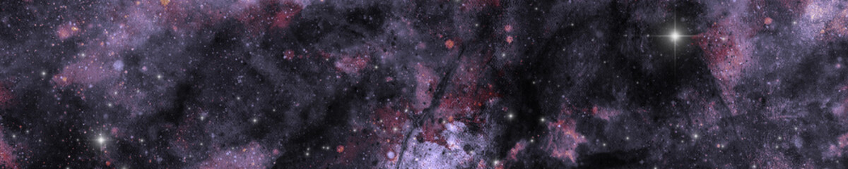 Fototapeta na wymiar Horizontal banner. Abstract galaxy illustration with bright stars and nebula. Fantasy, celestial, sci-fi or futuristic background. Grunge effect. Dark shades of purple, grey and orange.