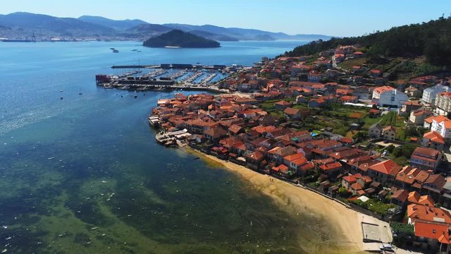 View of Combarro, the Village of the  horreos in Galicia. Pontevedra, Spain, Aerial Video