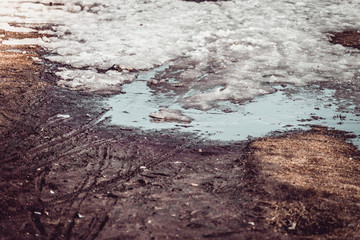 Dirty bike tracks on the ground in springtime.
