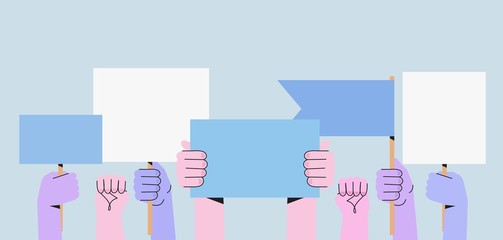 Vector illustration of people holding signs, banner and placards on a protest demostration or picket. People against violence, pollution, descrimination, human rights violation.