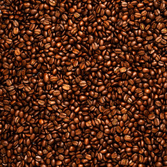 Coffee beans texture. Roasted coffee beans as background. Flat lay, top view, copy space