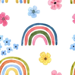 Tapeten Nahtloses Muster des Aquarellregenbogens. Handgemalte einfache Regenbögen und niedliche Blumen auf weißem Hintergrund. Handgezeichneter skandinavischer Designdruck. © Anna Nekotangerine