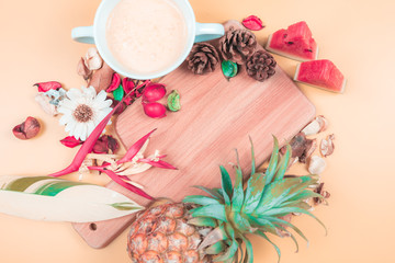 web banner freshness fruit and drink in summer season concept from minimal flat lay diet food with...