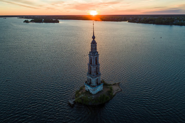 An aerial view shows the belfry of the St. Nicholas Cathedral in the town of Kalyazin in Tver region some 190 km outside Moscow.