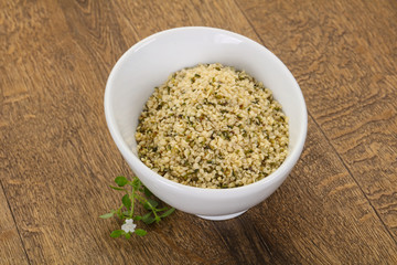 Peeled hemp seeds in the bowl