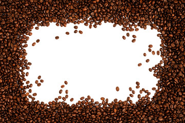 Coffee beans texture. Roasted coffee beans isolated on white background. Flat lay, top view, copy space