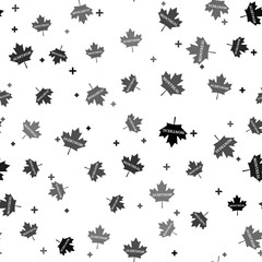 Black Canadian maple leaf with city name Montreal icon isolated seamless pattern on white background. Vector Illustration