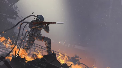 Rolgordijnen de futuristische soldaat die zijn geweer op de vijand richt tegen de achtergrond van het slagveld, digitale kunststijl, illustratie, schilderkunst © grandfailure