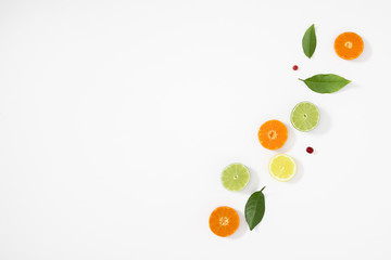 Citrus fruits pattern. Exotic fruits on white background. lemon, grapefruit, orange, lime, tangerine, fruit slices. Flat lay, top view, copy space