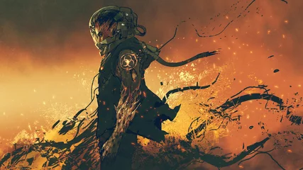 Photo sur Plexiglas Grand échec personnage de science-fiction d& 39 un astronaute infecté debout en feu, style art numérique, peinture d& 39 illustration