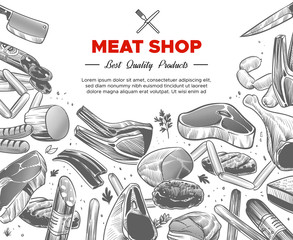Sketch meat. Hand drawn meat organic products package design, beef and pork, sausage and lamb, ham and chicken, engraved vector background