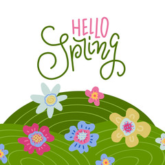 Panorama view of spring field with letterong text - Hello spring. Cartoon landscape with daisy fieldand wavy mountains background, Scenery of nature background. Flat hand drawn vector illlustration