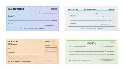 Check template. Blank bank cheque with guilloche pattern and watermark for banknote. Voucher or certificate, coupon or ticket vector set