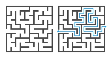 Maze game. Logic game labyrinth, square shapes brainteaser and solution, childrens puzzle exercise with entry and exit vector elements