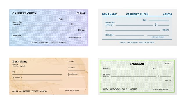 Check template. Blank bank cheque with guilloche pattern and watermark for banknote. Voucher or certificate, coupon or ticket vector set