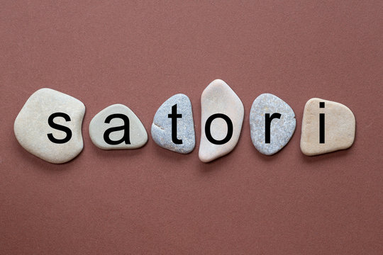 satori as a word on flat stones in natural color and shape. A letter in black color on each stone isolated against a brown background