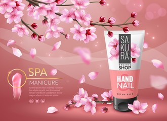 Sakura cosmetic. Cherry blossom sakura branches with pink petals cosmetics ad, cream or perfume bottle promotional poster vector template © YummyBuum