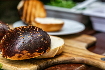 Sandwich hamburger with and mix of vegetables. Fast food. Delicious hamburger. Hamburger prepare to eat