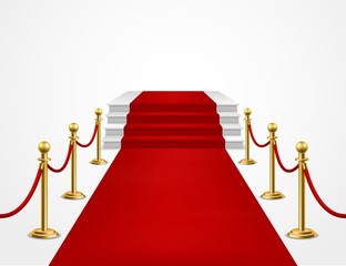 Red carpet. Grand opening, golden metal barriers and red carpet with podium for vip event, presentation celebrity awards vector background