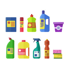 Set of house cleaning tools and products. Vector illustration of domestic chemicals with bottles and boxes isolated on white background.