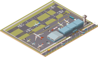 Airport Infographic vector isometric design elements. Map of the city's airport. Terminal, airport traffic, control tower, hangar, departure jet, airplanes, ground support vehicles and workers, runway - 321872368